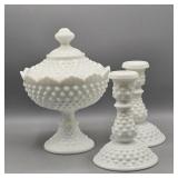 FENTON HOBNAIL COMPOTE & CANDLESTICKS