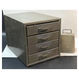 Vintage Metal Small 4 Drawer Box & Cowbell
