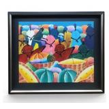 Vtg Haitian Large Abstract Art Crowd Market Food