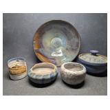 Signed Hand Thrown Pottery Bowls, Lidded Jar &