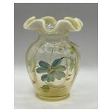 Fenton Blue Daisy on Silken Sand Vase Hand