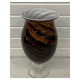 HAND BLOWN ART GLASS VASE AMBER & BROWN SWIRL W/