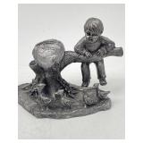 MICHAEL RICKER PEWTER BOY ON STUMP W/ DUCKS
