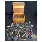 CEDAR DRESSER BOX 1/2 FULL OF TRINKETS, BUCKLES,