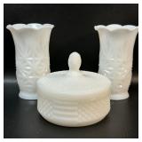 Vintage Milk Glass Powder Box & Pair of Vases