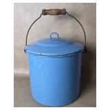 Vintage Blue Enamel Pot W/ Wooden Handle & Lid