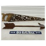 FLORAL METAL ART HAND SAW, ROOFING TIN ARROW &