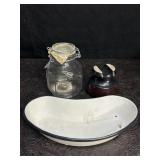 ENAMELWARE PAN, 5 CENT PEANUT JAR & BROWN CERAMIC