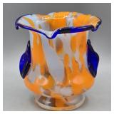 MURANO STYLE ORANGE & BLUE SPLATTER GLASS VASE 4"
