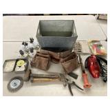 BOX LOT GALVANIZED BASKET OF TOOLS & HARDWARE