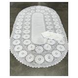 vintage Hand Crochet Lace Oval Tablecloth & 12