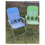 2 FOLDING LAWN CHAIRS GREEN & BLUE USED GREEN