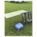 VINTAGE METAL FOLDING TABLE, PLASTIC SAWHORSES &