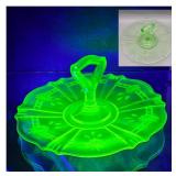FOSTORIA URANIUM GLASS HANDLED TIDBIT DISH