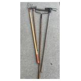 3 Garden Rakes & Mattock  w Wood Handles