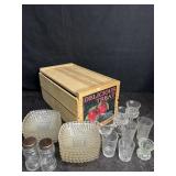 DOZEN GLASS DESERT BOWLS, CORDIALS, SPICE BOTTLES