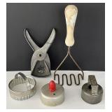Vintage Biscuit Cutters, Wood Handle Masher,