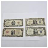 2- $2 RED NOTES & 2- $1 SILVER CERTIFICATES