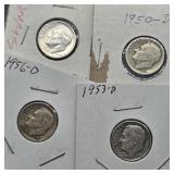 4 SILVER ROOSEVELT DIMES 1950 D, 1953 D, 1956 D &
