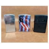 3 Zippo Lighters, Appear In Working Condition,
