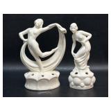 2 Art Deco Porcelain Scarf Dancer Flower Frogs ,