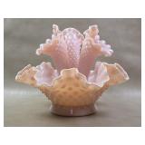 Fenton Pink Milk Glass Hobnail 3 Horn Epergne