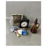 Vintage Clock, Glass Bottles & Folk Doll