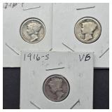 3- 1916 MERCURY SILVER DIMES