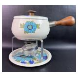 MCM White Enamel w/ Blue Flowers Fondue Pot