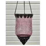 Etched Amethyst Glass Hanging Candle Holder