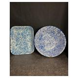BLUE SPECKLED ENAMELWARE WASH PAN & SQUARE