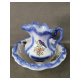 Vintage Blue Bird Pitcher & Basin Wash Set