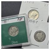 1913 BARBER SILVER DIME, 1943 S MERCURY DIME &