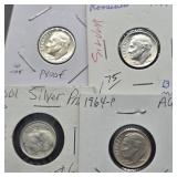 4- ROOSEVELT SILVER DIMES 1962, 1964 D & P AND