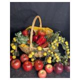 WICKER BASKET FULL OF FAUX FRUIT & VEGETABLES