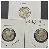 3- SILVER MERCURY DIMES 1918 S, 1923 S & 1924 S