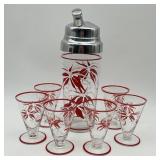 Vintage Cocktail Shaker & 6 Glasses , Red & White