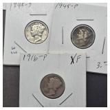 3 MERCURY SILVER DIMES 1916, 1945 S & P