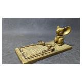 Vintage Brass Mouse On A Trap, Brass Statuette ,