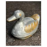 VINTAGE PEWTER & BRASS DUCK TRINKET BOX