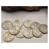10 - Silver Walking Liberty Half Dollars