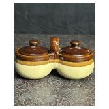 VINTAGE BROWN POTTERY DOUBLE CONDIMENT SERVER