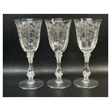 3 Cambridge Rose Point Wine Stem Glasses 6 1/4