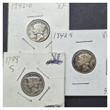 1938 S, 1942 D & 1942 S MERCURY SILVER DIMES