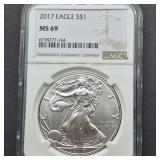 2017 AMERICAN EAGLE SILVER DOLLAR MS69 NGC
