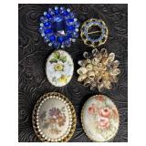 6 FASHION JEWELRY BROOCHES CAMEOS, SHELLS & MORE