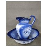 Vintage Blue & White Floral Pitcher & Basin Set
