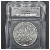 1 OZ FINE SILVER 2011 MS69 AUSTRIA VIENNA