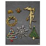 Christmas Themed Brooches +, Elf, Trees, Wreath,