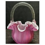 VINTAGE ART-GLASS HANDLED, RUFFLED BASKET VASE